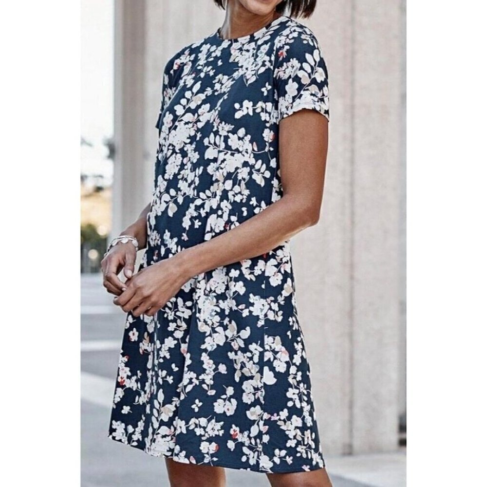J Jill Wearever Collection Sz XS Blue Floral Print Soft Perfect T-Shirt Dress